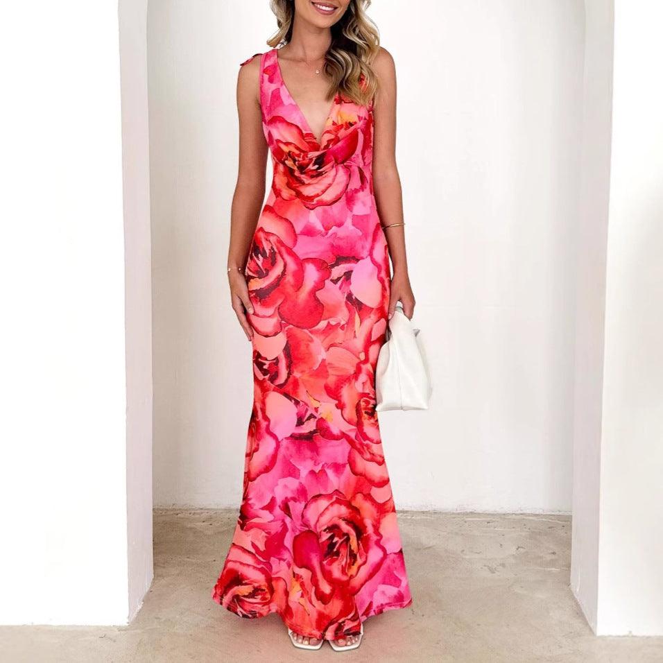 Pink rose floral V-neck sleeveless stretch maxi dress with fitted silhouette