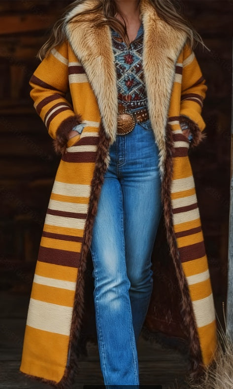Women’s retro long coat with faux fur collar and striped sleeves, mustard and brown