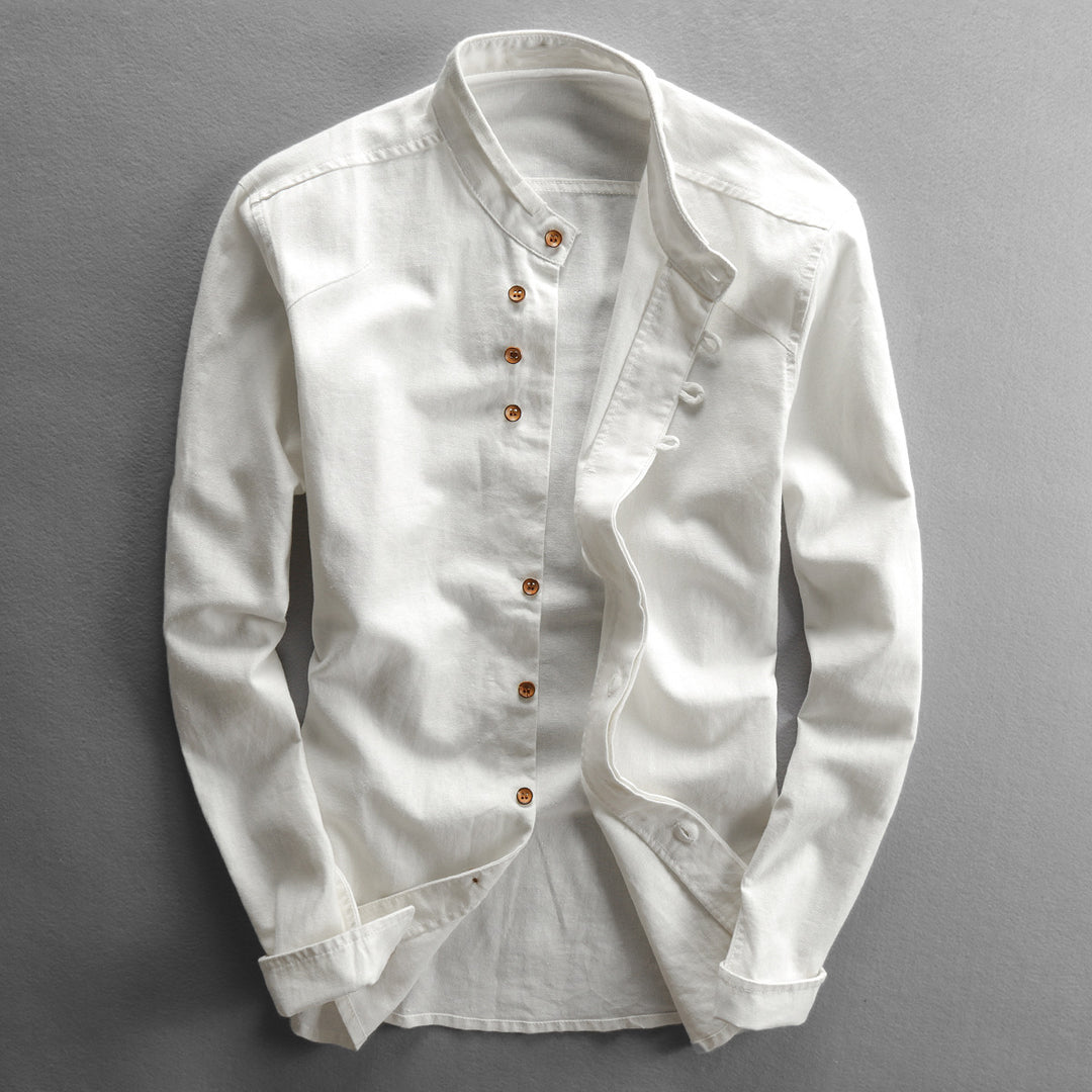 White slim-fit vintage shirt with mandarin collar and button placket