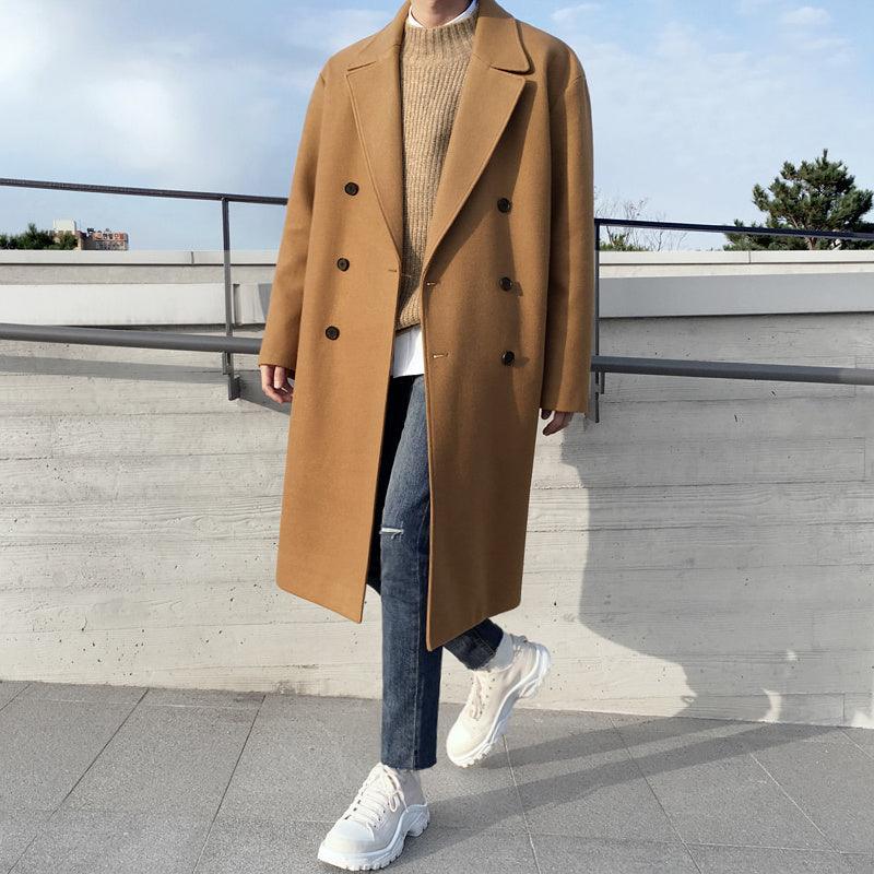 Tan long double-breasted wool coat with notch lapels and side pockets