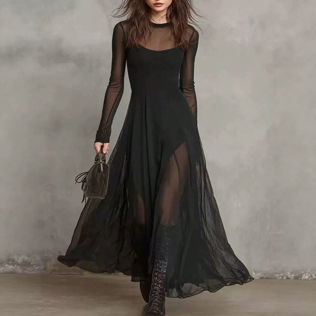 Black mesh-spliced maxi dress with fitted bodice and sheer long sleeves