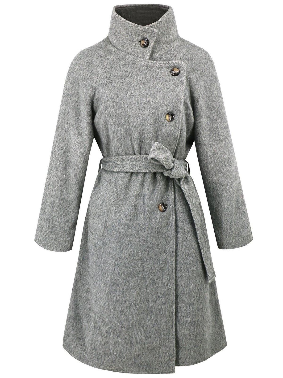 Womens gray wool coat, high collar, double-breasted buttons, long sleeves, waist belt