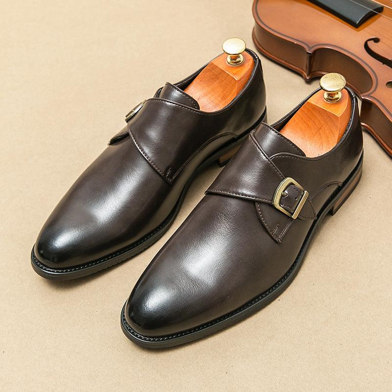 Men's black leather dress shoes with buckle strap and rounded toe