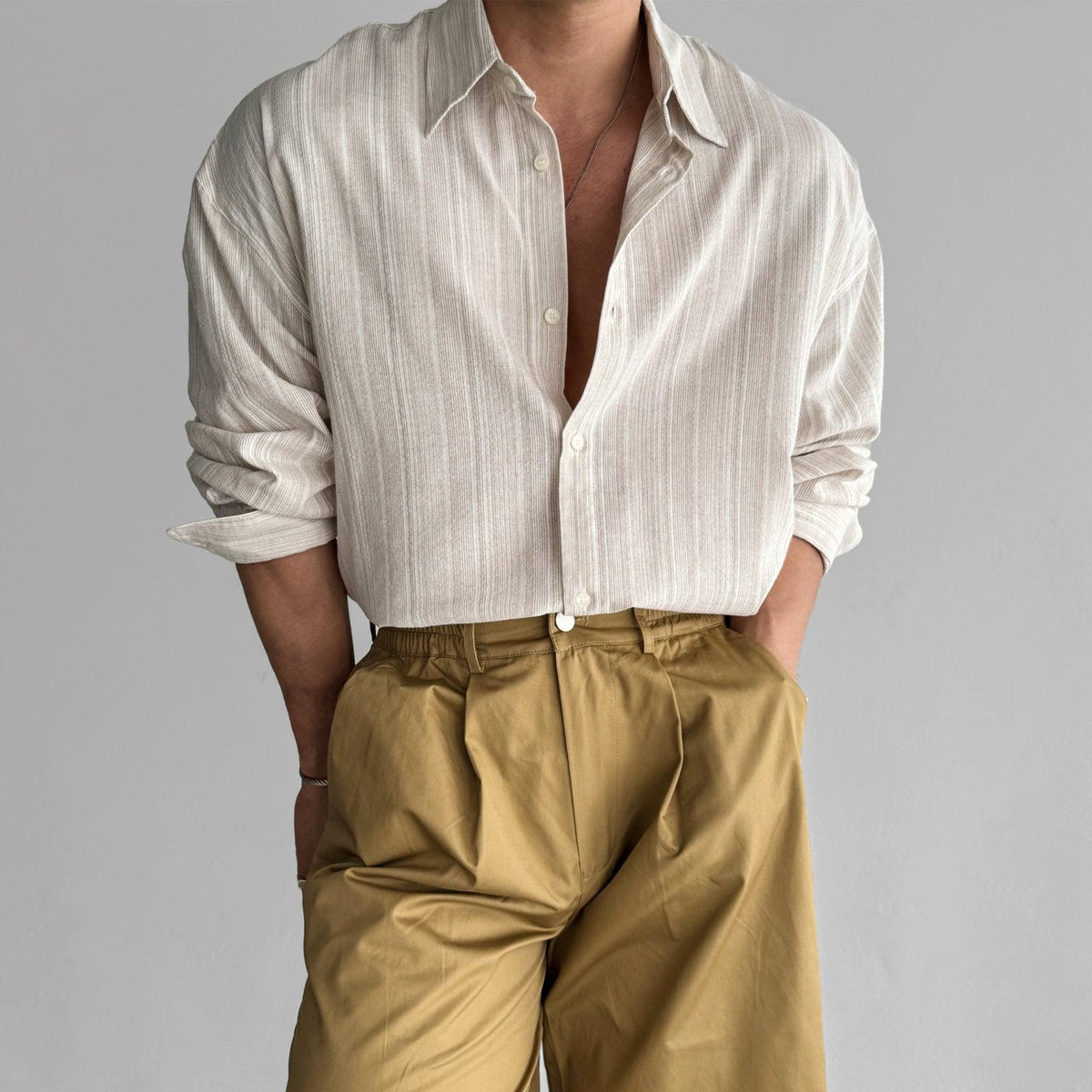 Men's striped long-sleeve shirt, cream vertical stripes, button-front, classic fit