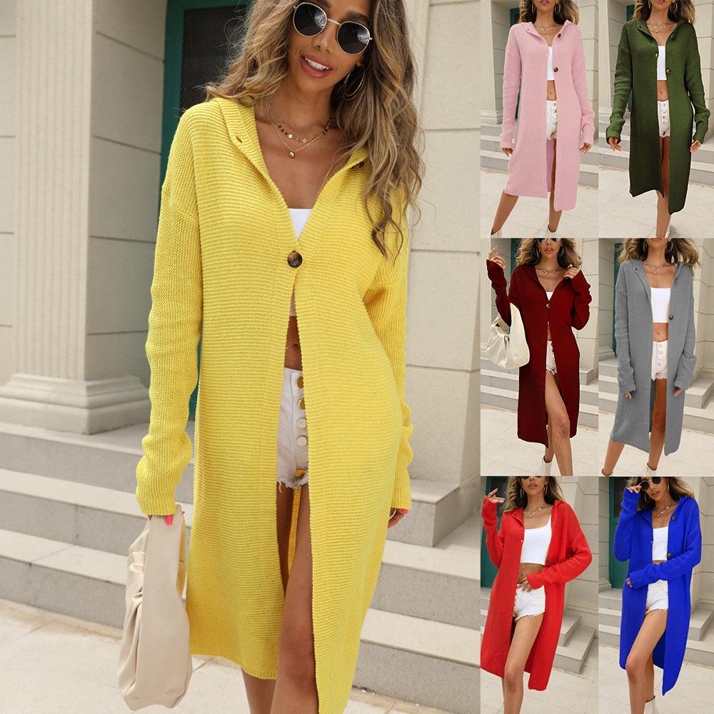 Women’s solid knit cardigan coat in yellow, long sleeves, button front, midi length