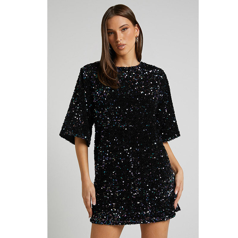 Velvet Sequin Fashion Elegant V-neck Backless Short Sleeve Dress - WOMONA.COM