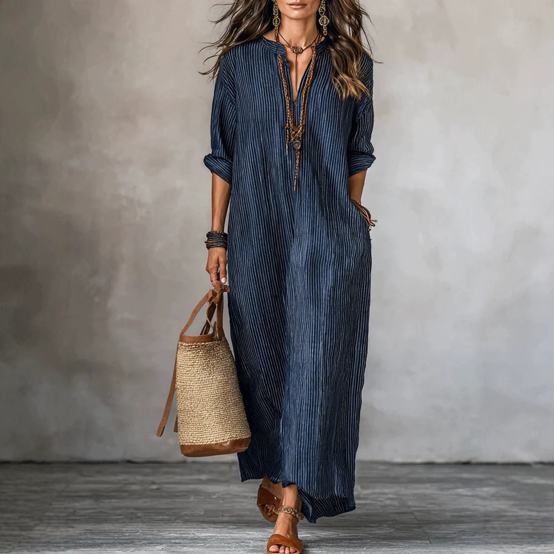 Navy blue striped V-neck loose-fit maxi dress with 3/4 sleeves