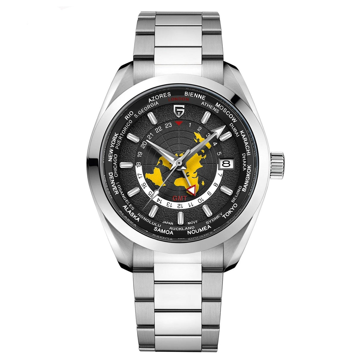 Dual time zone waterproof watch, dark/black dial with GMT markers, silver metal bracelet