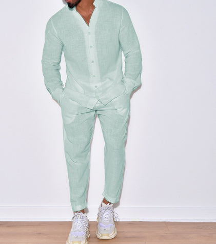 Men's linen-blend V-neck top and straight-leg pants set