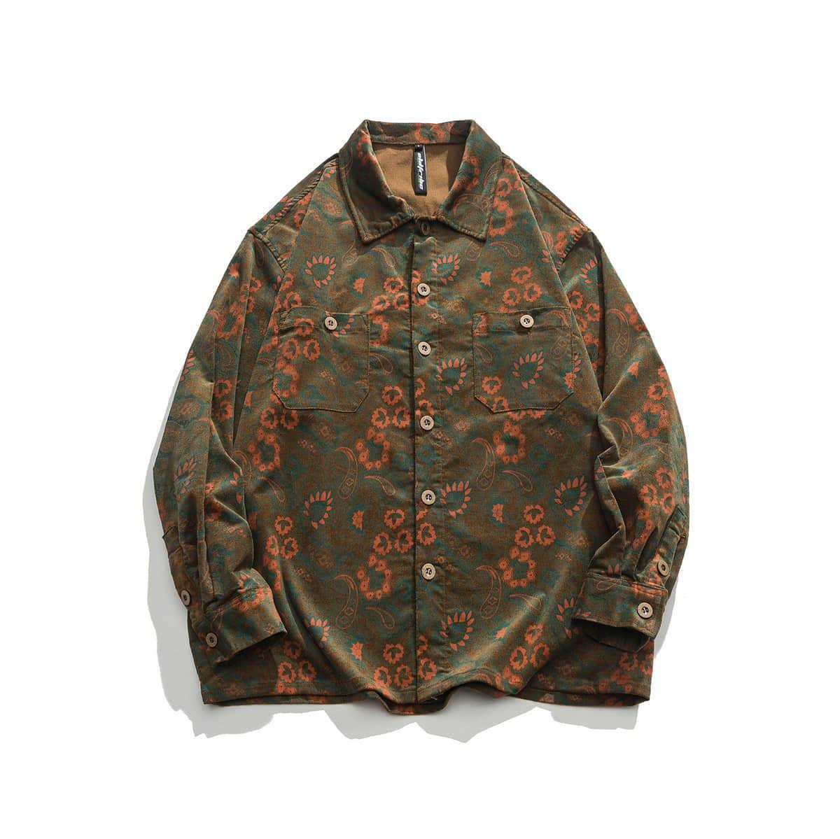 Dark green button-up floral shirt with pointed collar and buttoned cuffs