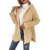 Button Plush Irregular Solid Color Hooded Jacket - WOMONA.COM