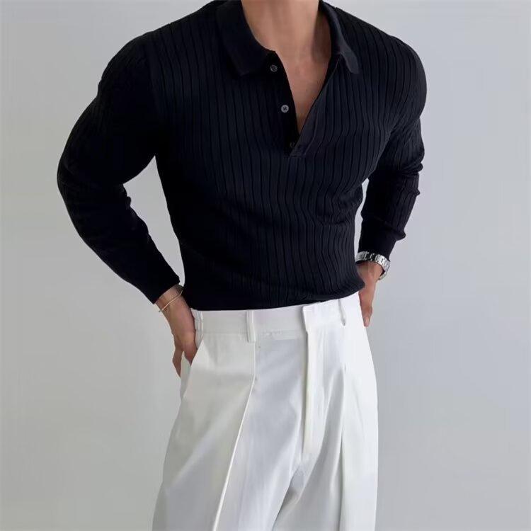 Men's black ribbed long-sleeve sweater with button front and collar