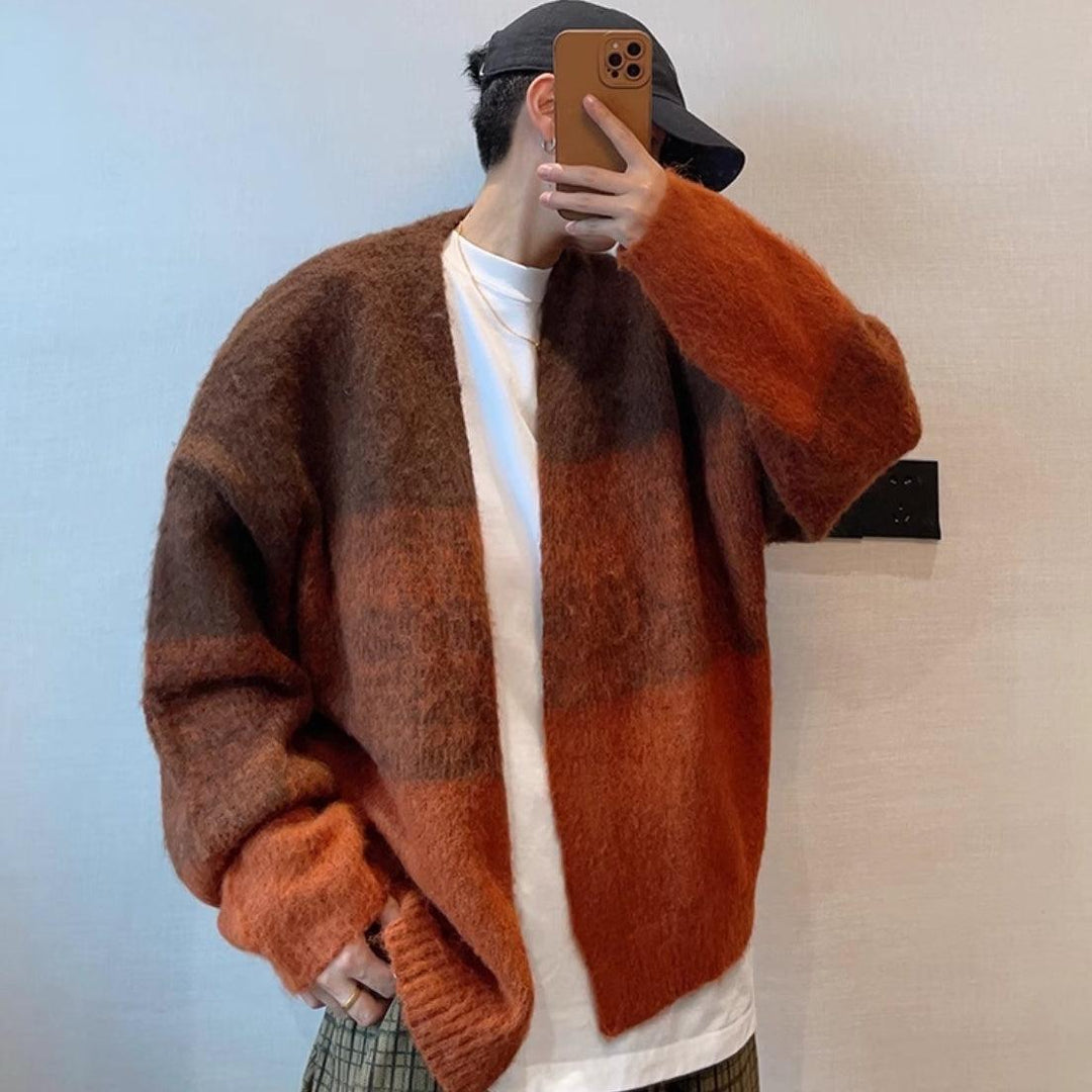 Gradient brushed cardigan sweater coat, open front, long sleeves, dark brown to rust orange