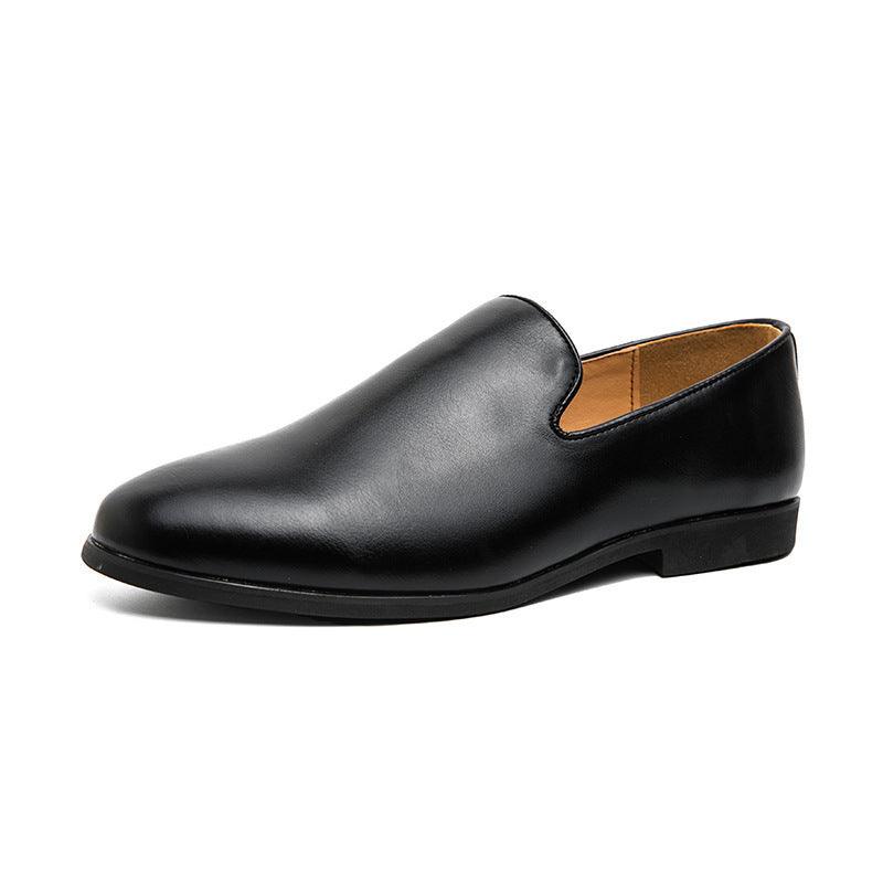 Black slip-on leather casual shoe with V-notch vamp and low-profile rubber sole
