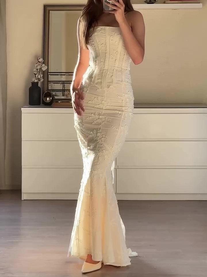 White Embroidered Strapless Top & Maxi Skirt Set – product image 1