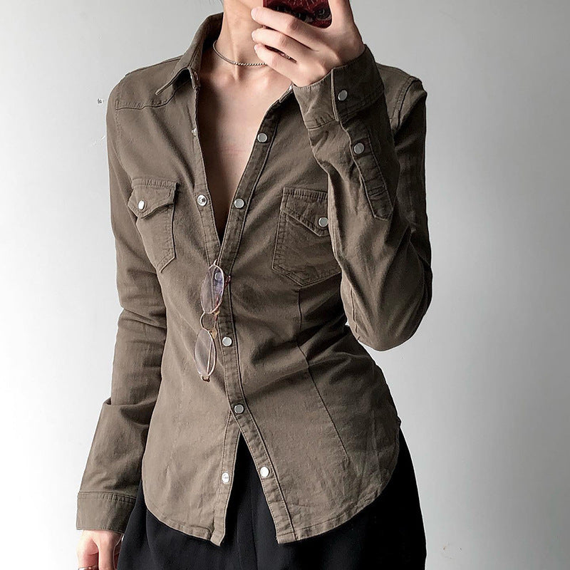 Lapel Breasted Slim Fit Denim Shirt For Women - WOMONA.COM