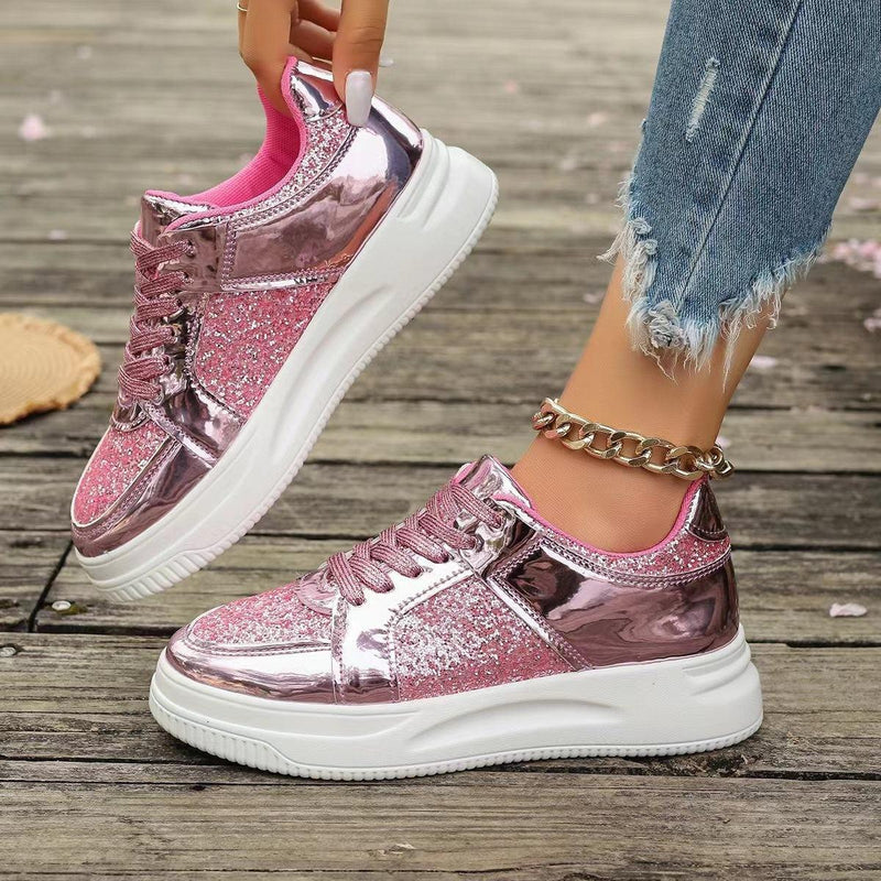 Modische flache Schnürschuhe mit Pailletten-Design, lässige Sportschuhe mit dicker Unterseite und runder Spitze für Damen, rutschfeste Wander-Sneakers