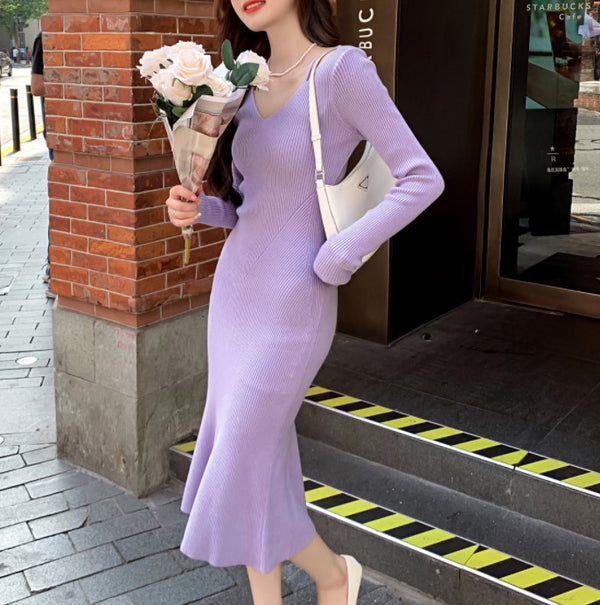 Elegant Lady Knitted Inner Match Purple Sheath Dress Women - WOMONA.COM