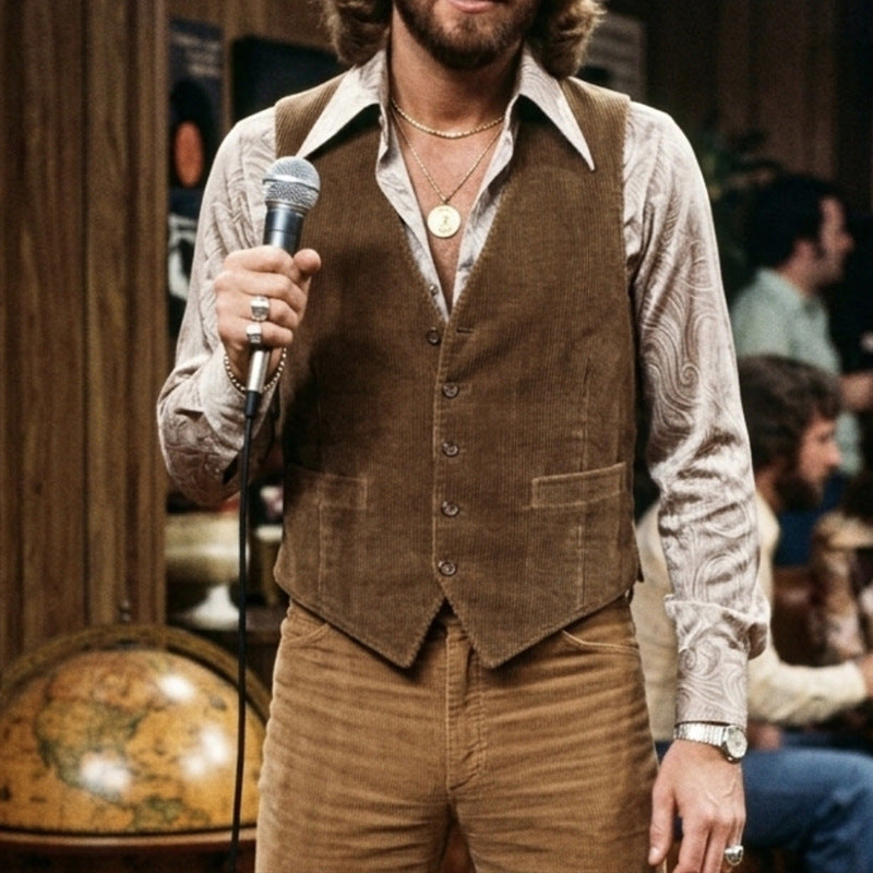 Men's brown waistcoat vest with V-neck, button front, and chest pocket