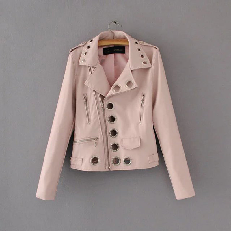 Ladies Fashion Hollow Pu Leather Jacket - WOMONA.COM