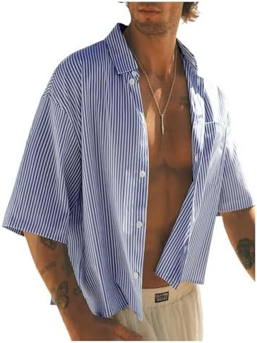 Light blue striped short-sleeve button-up top with open collar and chest pocket