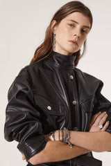 Soft Waxy Wool Kid Leather Belted Denim Jacket - WOMONA.COM