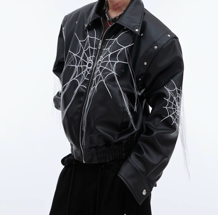 Niche Spider Web Tassel Design Motorcycle Leather Coat