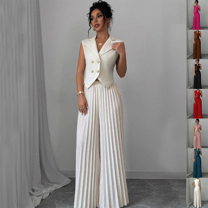 Women's white sleeveless button-front vest top with pleated straight pants set