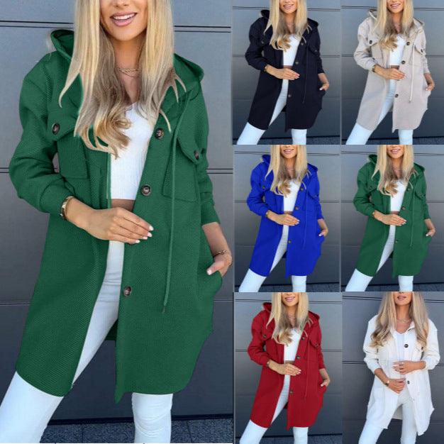 Green hooded long-sleeve twill jacket with front buttons and side pockets