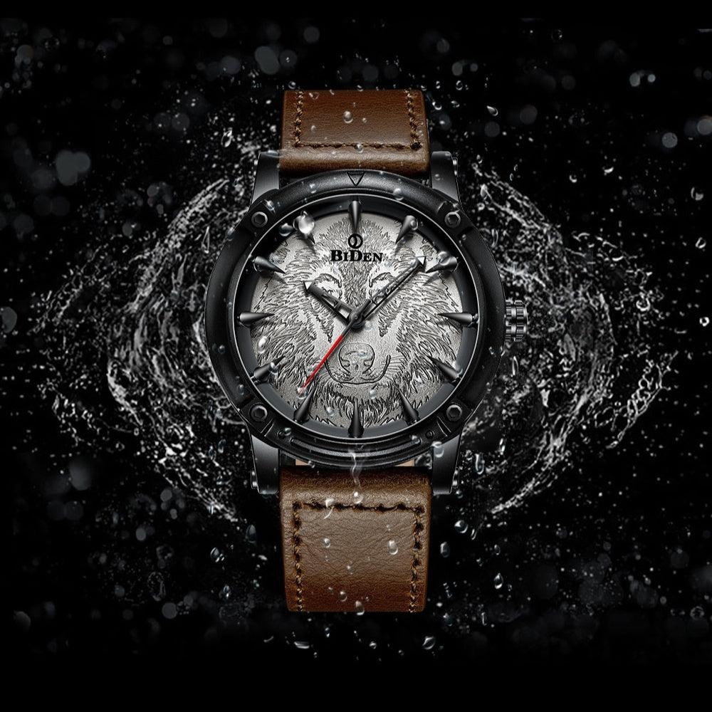 Men's quartz wristwatch with black case, brown leather strap, wolf-pattern dial, BIDEN logo.