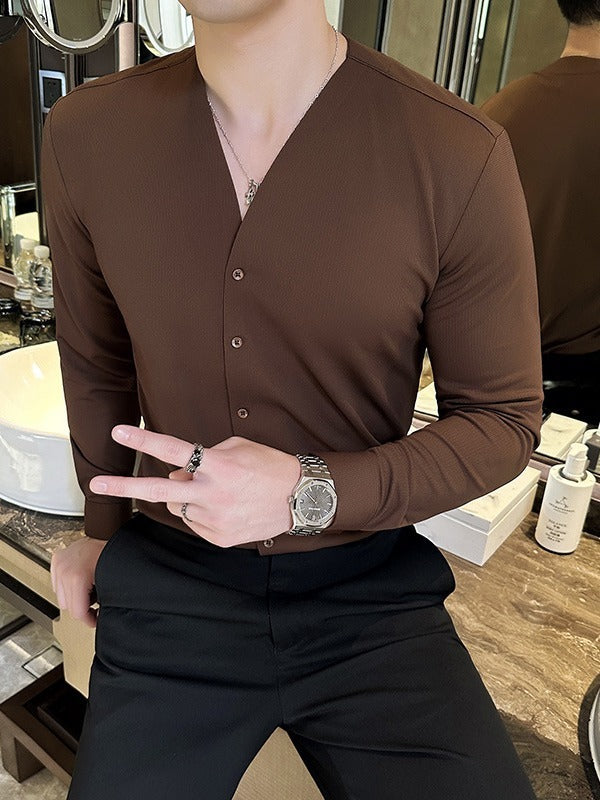 Men's High Texture Waffle V-neck Long Sleeve Shirt - WOMONA.COM