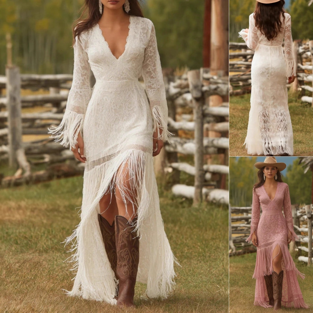 Women's boho V-neck lace fringe maxi dress – product image 1