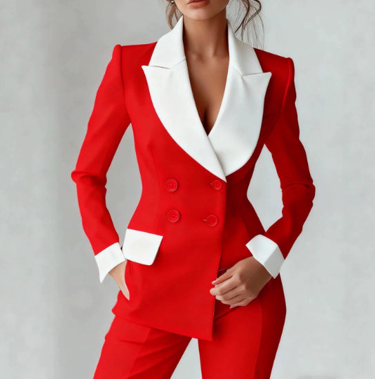 Patchwork pocket coat in red with white lapels and cuffs, double-breasted button front