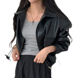 Lapel Double Zipper Pocket Long Sleeve Leather Coat - WOMONA.COM