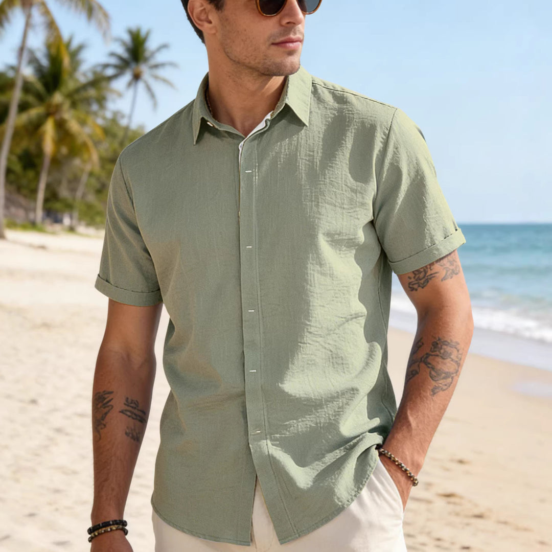 Men’s short-sleeve lapel shirt, solid sage green with button front