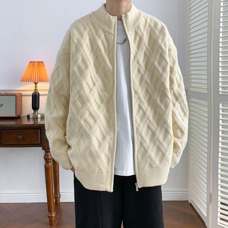 Apricot knit zip jacket with stand collar, textured chevron pattern