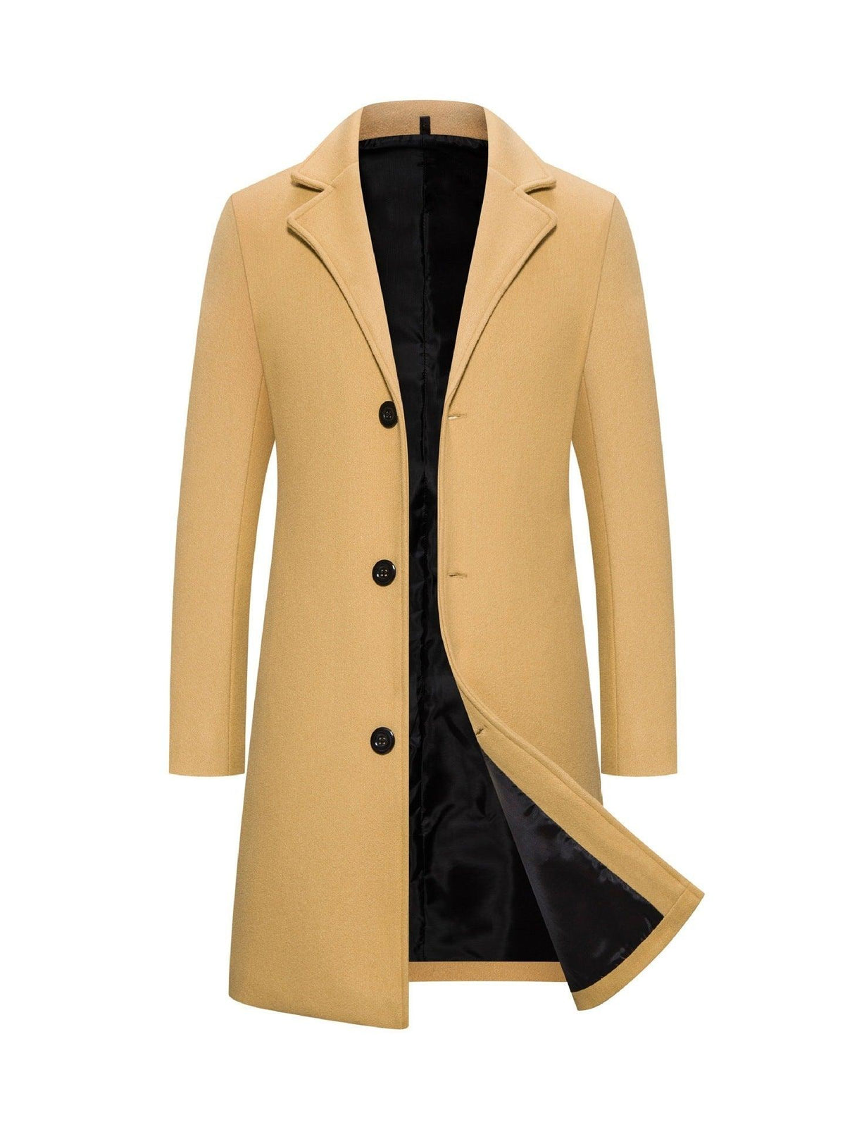 Men's mid-length slim-fit coat, khaki with notched lapels and button front