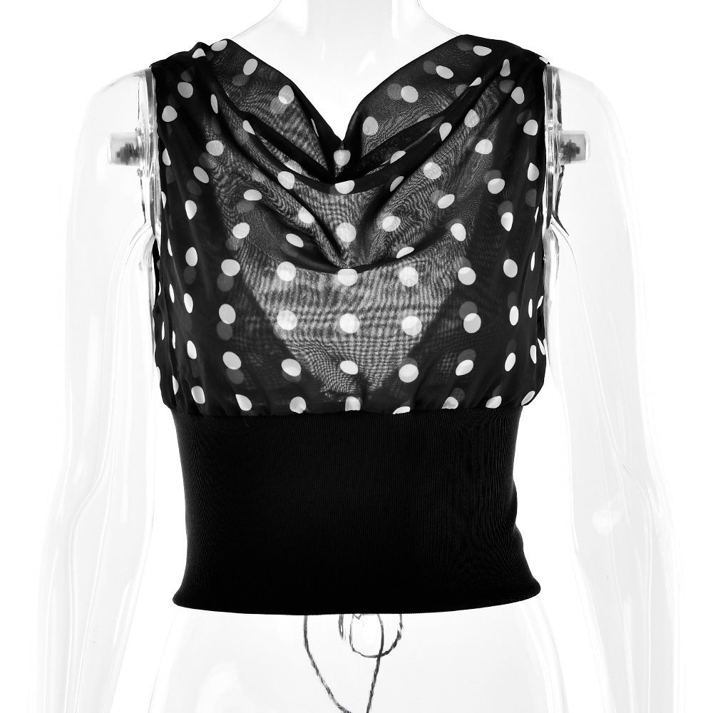Black polka dot back view crop top with gathered sheer neckline and lace-up ties