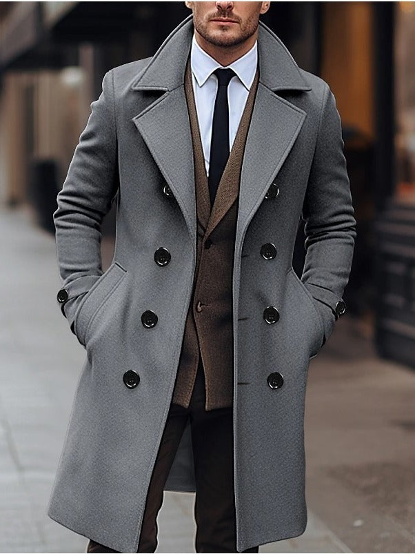 Fall Winter Men Woolen Coat Double Breasted Long - WOMONA.COM