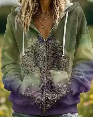 Women's Floral & Tree-Print Zip Hoodie, Olive-Purple Tree - product view 11