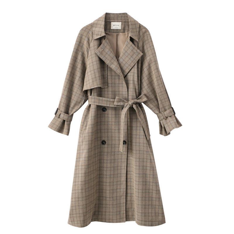 Khaki plaid long trench coat with lapel collar, button closure, fabric tie belt