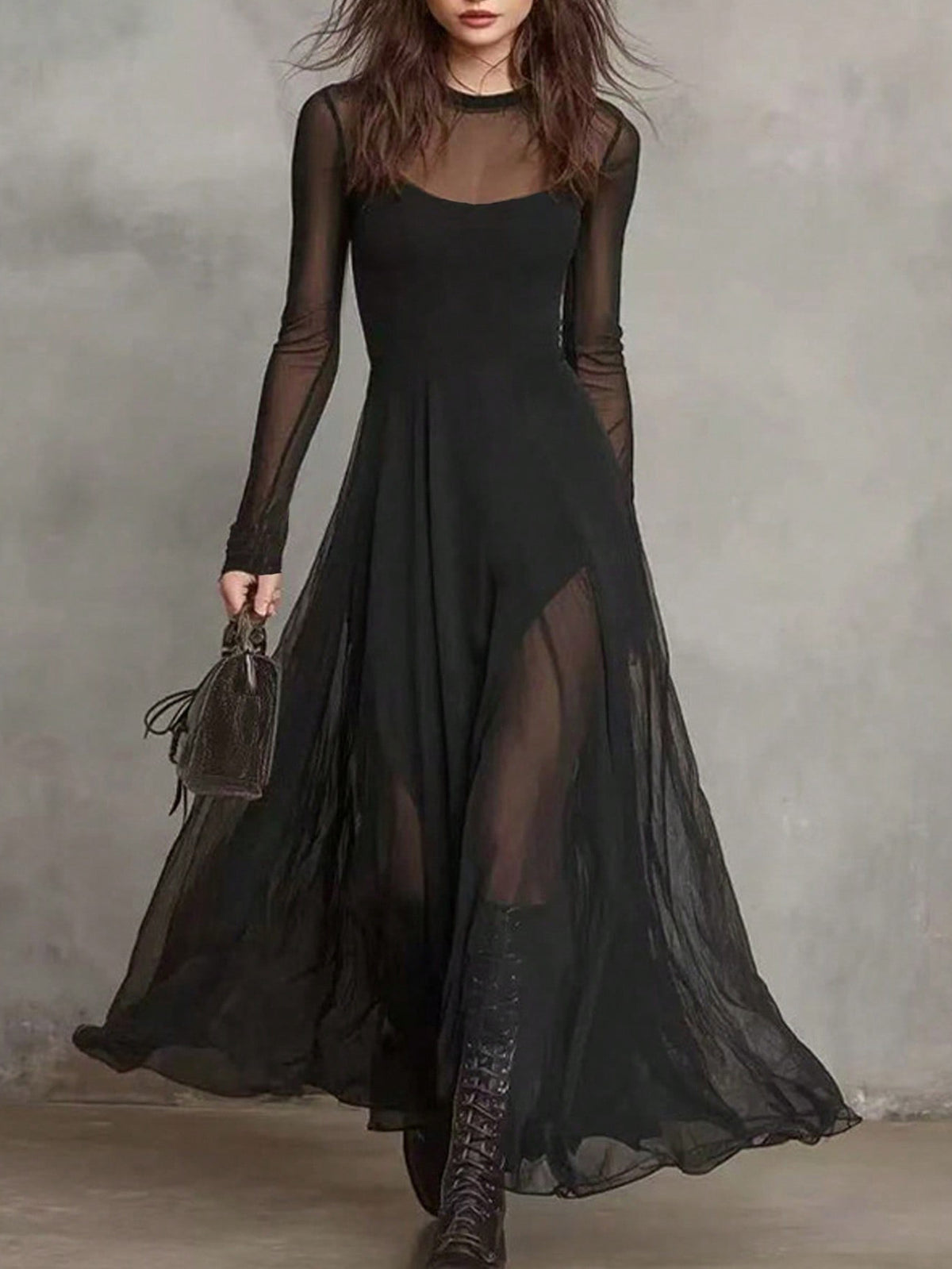 Black mesh-paneled maxi dress with scoop neckline, long sheer sleeves, full skirt