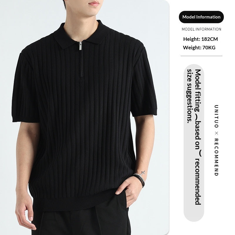 Ice silk T-shirt, black ribbed knit polo with short sleeves and zip collar
