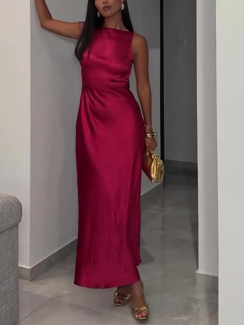 Women's Burgundy Backless Satin Sleeveless Dress