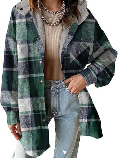 Chaqueta de franela a cuadros para mujer, manga larga, otoño