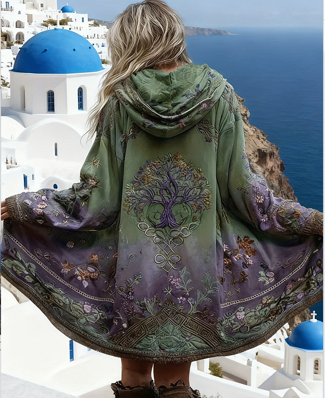 Hooded long coat in sage green with tree-of-life print and ornate border hem