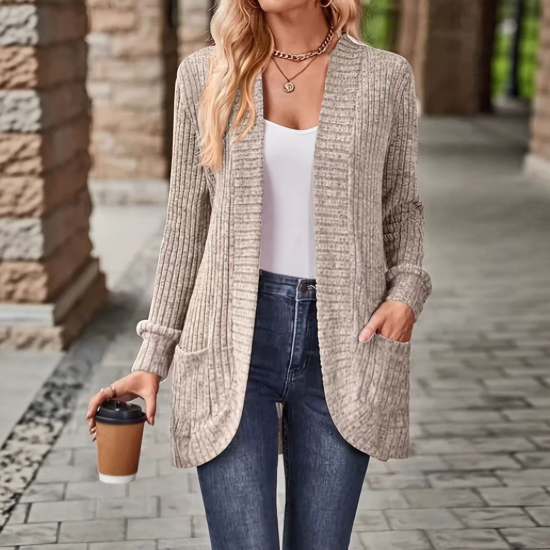 Mid-length textured open-front coat in light gray with long sleeves and front pockets.
