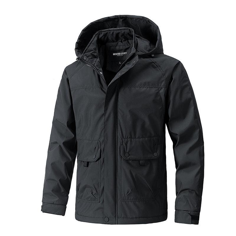 Black hooded winter jacket with zip front, snap placket, and flap pockets