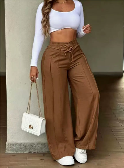 High-waist drawstring wide-leg pocket pants