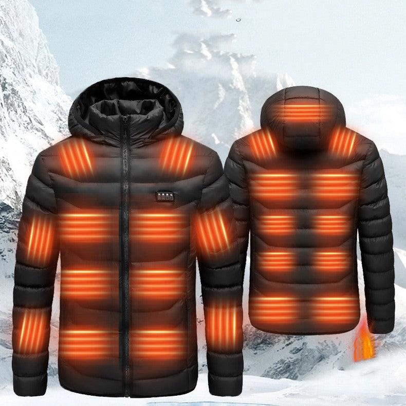 Black hooded puffer winter jacket with full-zip front and quilted panels